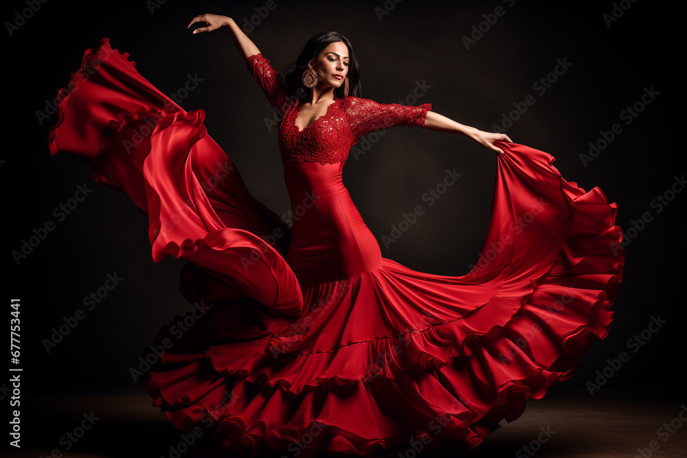 Young woman dancing flamenco on dark background in studio - obrazy, fototapety, plakaty 