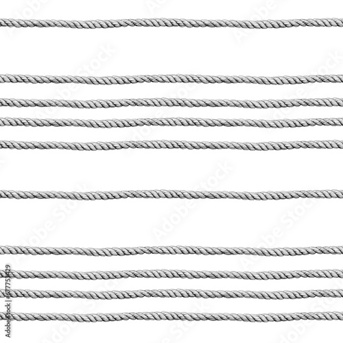 Seamless pattern of rope cords. Hand drawn illustration. Hand painted elements on white background.