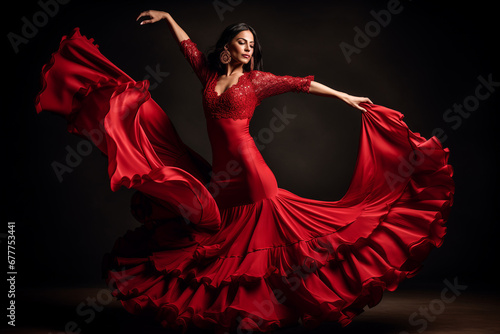 Young woman dancing flamenco on dark background in studio photo