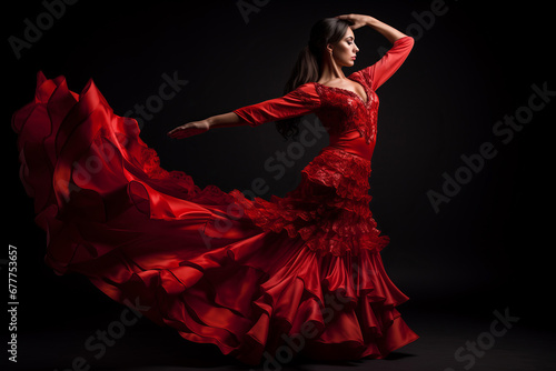 Young woman dancing flamenco on dark background in studio