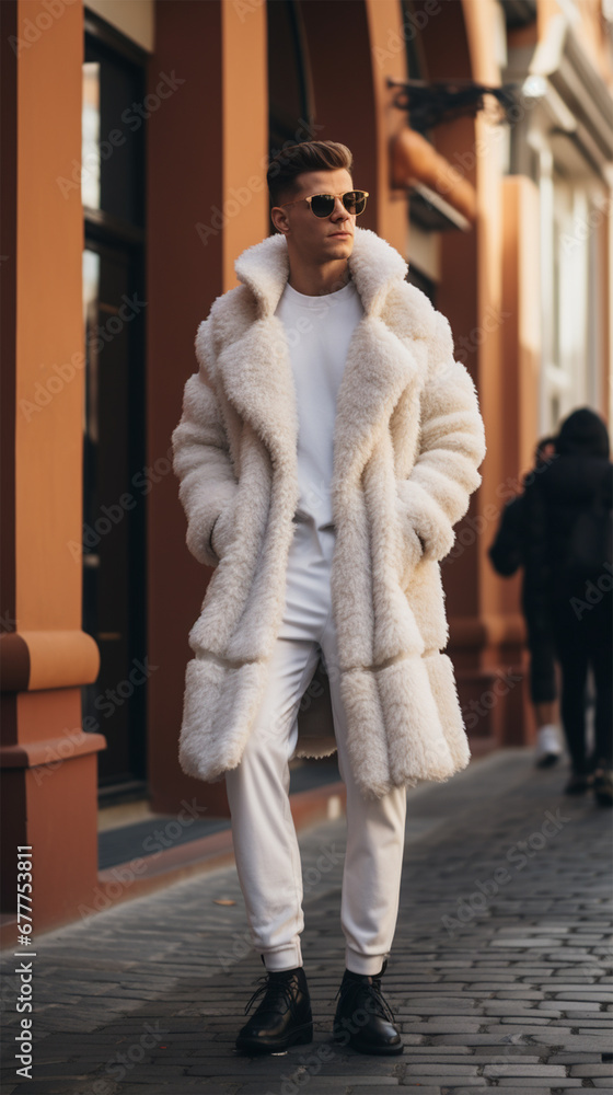 Street style clothing - fashionable man in a white elegant fur coat fashion on the street. for Fashion Concept, Animal Welfare and Faux Fur, Content Blogger