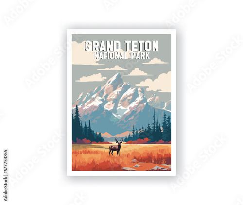 Grand Teton, National Park Illustration Art. Travel Poster Wall Art. Minimalist Vector art. Vector Style. Template of Illustration Graphic Modern Poster for art prints or banner design.