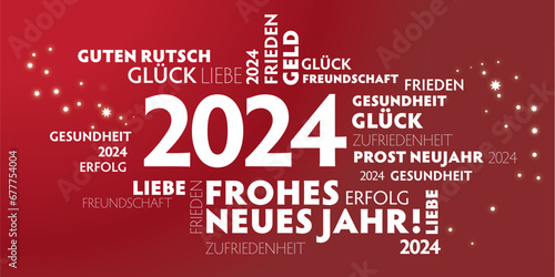 Neujahrsgrüße 2024 - weiße Schrift auf rotem Hintergrund und Jahreszahl - deutsch
