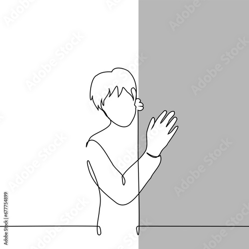 man stands looking out from behind a door or around a corner - one line art vector. concept of peeking, appearing suddenly, knocking on a door, hanging around in a doorway