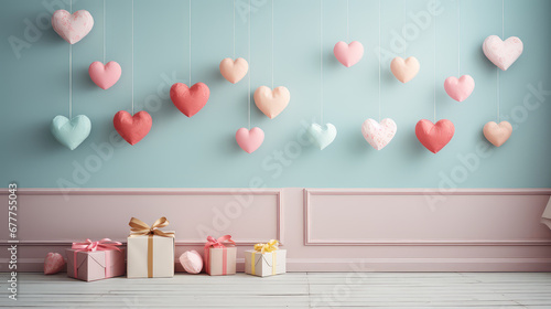 Romantic pastel decor featuring many paper hearts hanging in a mobile. This expressive arrangement adds a touch of joy and love, creating a unique and beautiful backdrop for your special occasions. photo