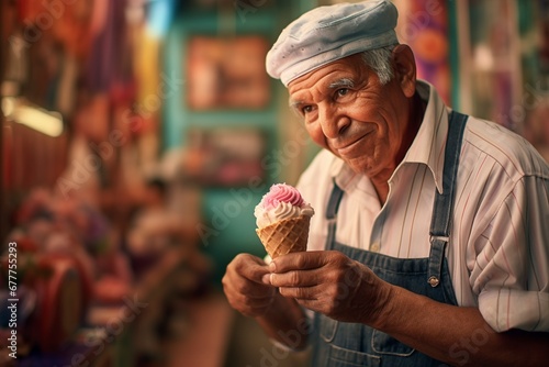 An old salesman in a convenience store offers ice cream in a hot summer.