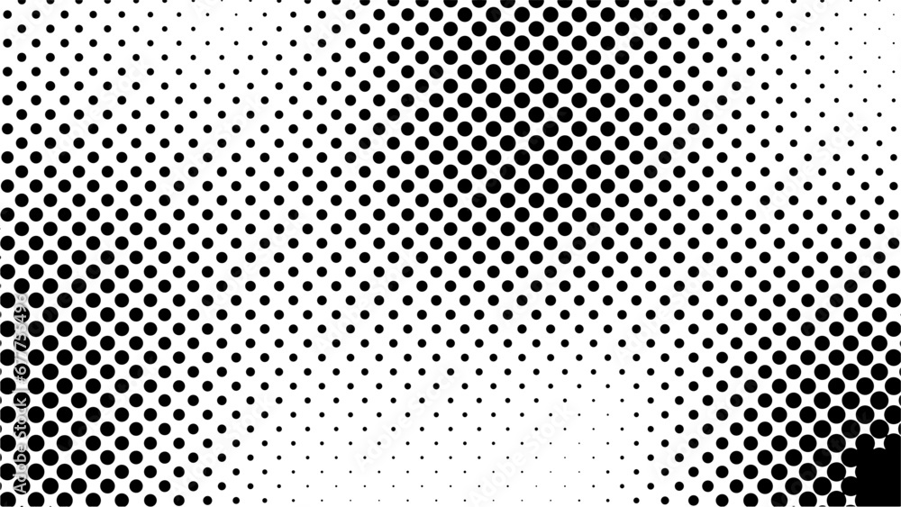 vector horizontal gradient background in monochrome halftone style with randomly scattered dots.