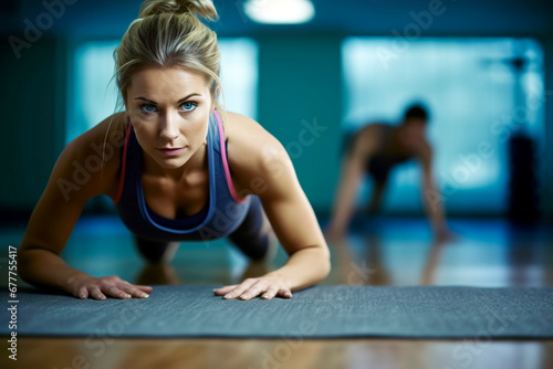 A woman performs an abdominal plank in a gym  copy space.