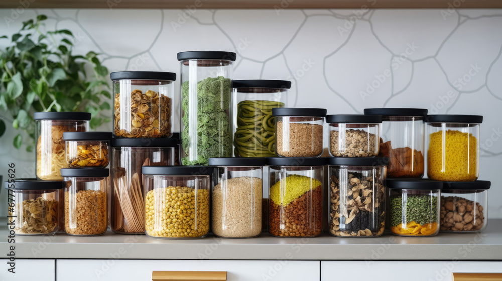 A sustainable kitchen with a collection of glass food storage containers A sustainable kitchen with a collection of glass food storage containers