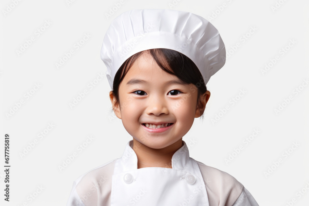 A cheerful little girl wearing a chef's hat and smiling. Perfect for food-related projects and children's cooking classes. A cheerful little girl wearing a chef's hat and smiling. Perfect for food-related projects and children's cooking classes.