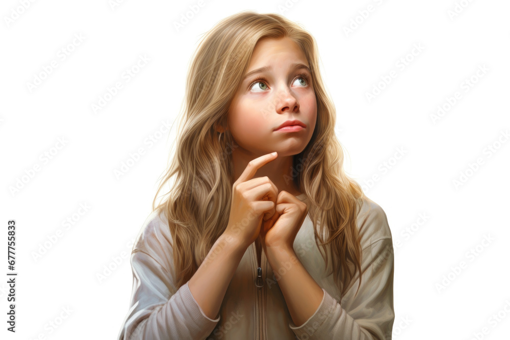 A young girl deep in thought, holding her hand to her chin. Suitable for various uses. A young girl deep in thought, holding her hand to her chin. Suitable for various uses.