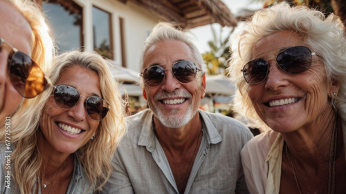 Happy group of smiling middle aged friends taking a selfie with smart mobile phone in front of camera , couples of senior friends. Lifestyle concept with pensioners having fun together on summer photo