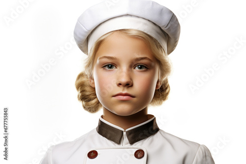 A little girl dressed in a chef's uniform, ready to cook up something delicious. Perfect for culinary themes or children's cooking classes.