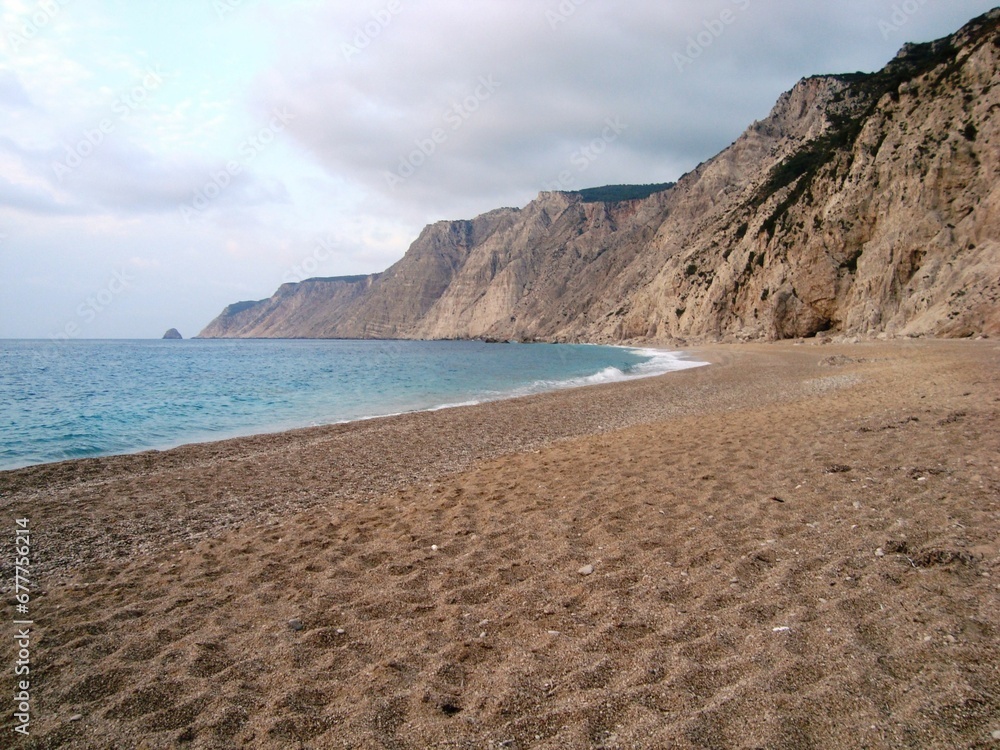 Beautiful view of the blue sea and sandy beach Platia Ammos, Kefalonia Beautiful view of the blue sea and sandy beach Platia Ammos, Kefalonia