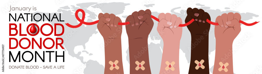 National Blood Donation Month long horizontal banner. Diverse hands hold a red ribbon. Modern flat vector illustration - obrazy, fototapety, plakaty 