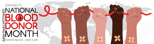 National Blood Donation Month long horizontal banner. Diverse hands hold a red ribbon. Modern flat vector illustration