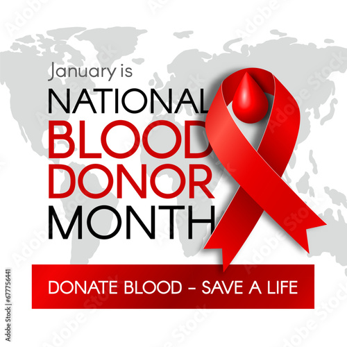 National Blood Donation Month banner with a red ribbon, text, and a world map. Modern vector illustration.