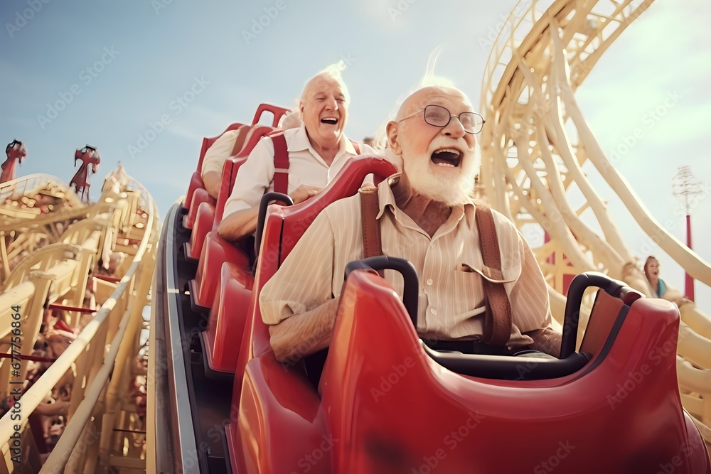 Portrait old men playing Roller Coaster at amusement park - obrazy, fototapety, plakaty 