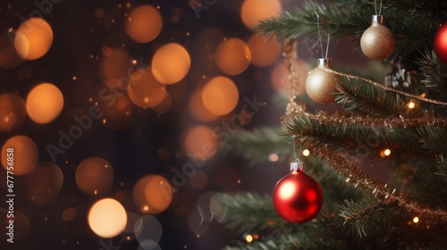 Decorated Christmas tree on blurred, sparkling background