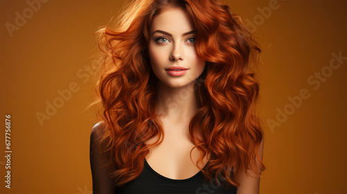 portrait of a stylish red-haired woman model with lush wavy hair on a color background. poster, copy space