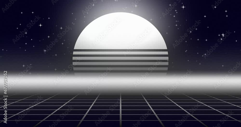 Retro Neon sun with grid cyber space background in seamless looped animation of neon grey white color. Glowing sci-fi retro cyberpunk sun with grid line motion. Retro Neon sun with grid cyber space background in seamless looped animation of neon grey white color. Glowing sci-fi retro cyberpunk sun with grid line motion.