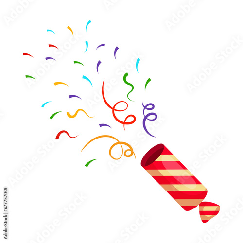 Exploding party popper with ribbons, confetti and serpentine. Holiday icon, vector