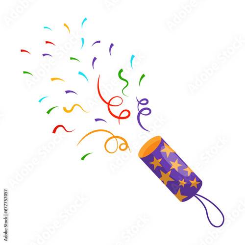 Exploding party popper with ribbons, confetti and serpentine. Holiday icon, vector