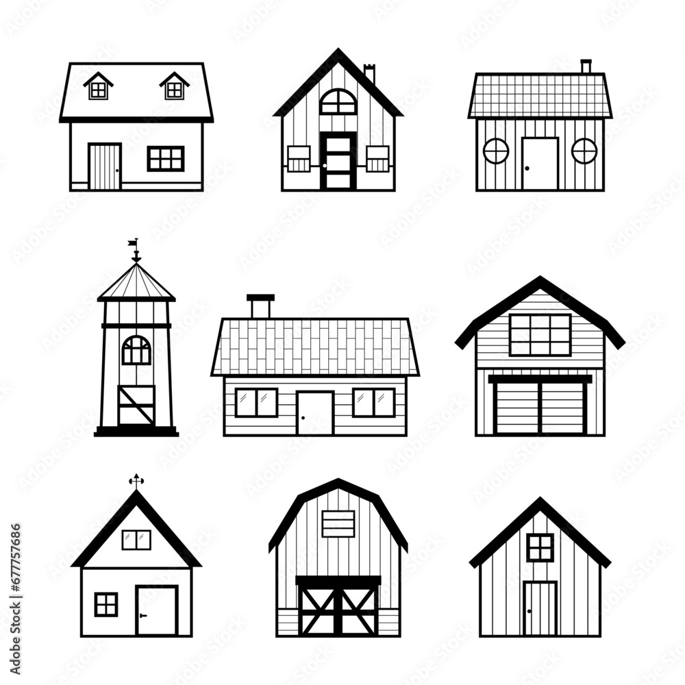 Set of barn, farm and country house building icons line