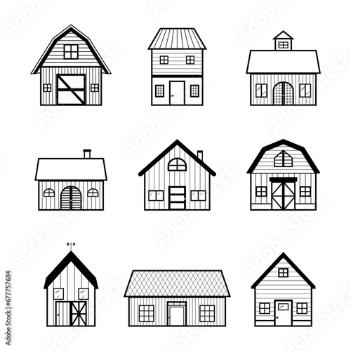 Rural icon collection with farm, barn, country house set. outline vector illustration