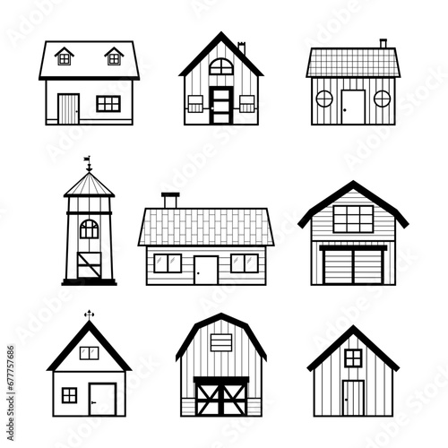Set of barn, farm and country house building icons line
