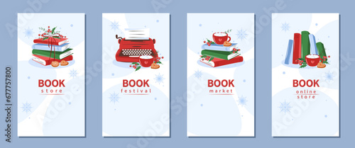 Set of layout design for bookshop, library, bookstore, festival or education. Books in winter design. Vector illustration