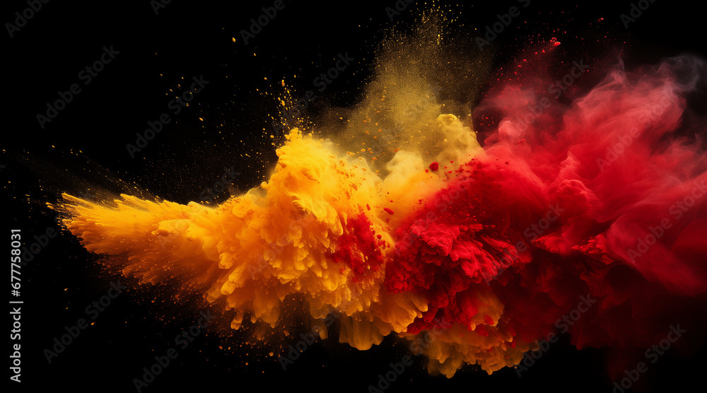 Red and yellow colored powder explosions on black background. Holi paint powder splash in colors of Spanish flag Red and yellow colored powder explosions on black background. Holi paint powder splash in colors of Spanish flag