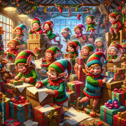 A whimsical and imaginative image depicting a group of cheerful elves busily working together to wrap presents in Santa's workshop.