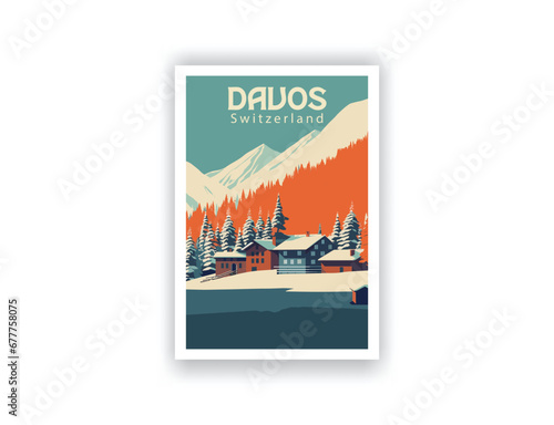 Davos, Switzerland. Vintage Travel Posters. Vector art. Famous Tourist Destinations Posters Art Prints Wall Art and Print Set Abstract Travel for Hikers Campers Living Room Decor