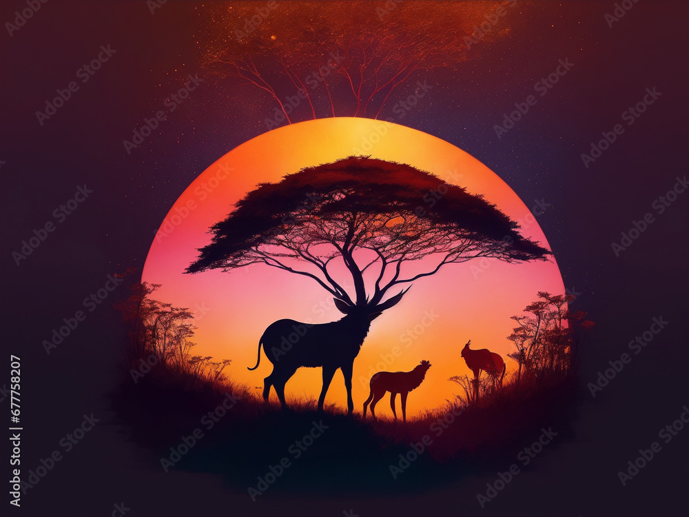 A captivating and vibrant illustration of the African savannah, teeming with life and radiant hues, beautifully brought to life and generated by AI