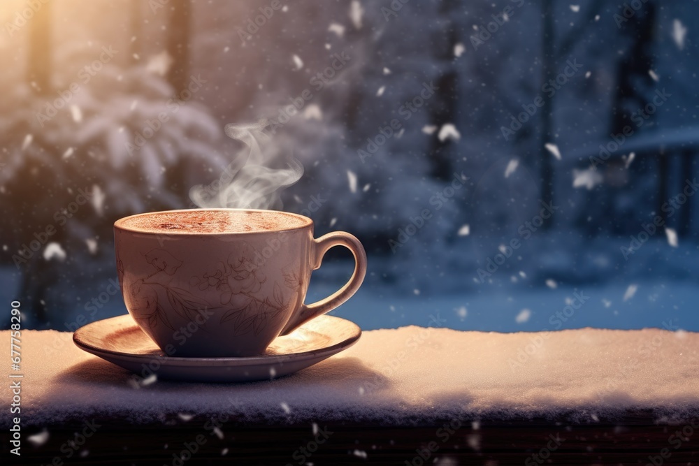 Obraz premium hot chocolate cup in winter with snow