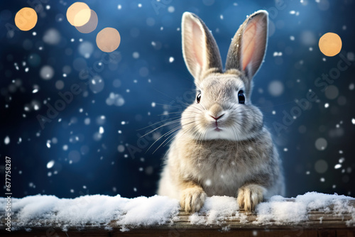 The arrival of winter is heralded by a smiling rabbit on a quiet snowy day, Christmas is approaching.