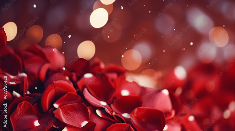 Valentines day background with red rose petals and bokeh lights, symbol of love, romance and commitment Valentines day background with red rose petals and bokeh lights, symbol of love, romance and commitment