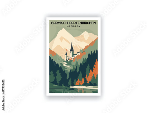 Garmisch-Partenkirchen, Germany. Vintage Travel Posters. Vector art. Famous Tourist Destinations Posters Art Prints Wall Art and Print Set Abstract Travel for Hikers Campers Living Room Decor
