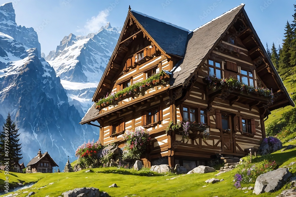 Fototapeta premium Swiss cottage, a fairytale house nestled in the magical atmosphere of the Swiss Alps