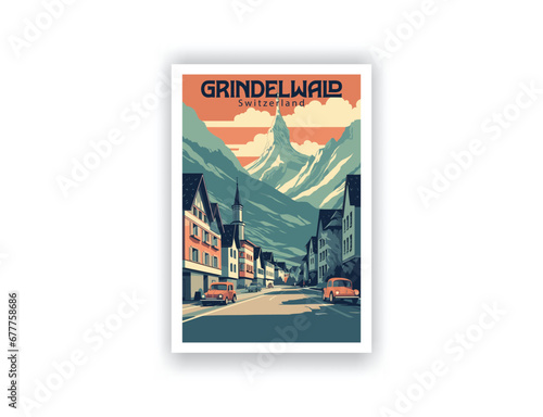 Grindelwald, Switzerland. Vintage Travel Posters. Vector art. Famous Tourist Destinations Posters Art Prints Wall Art and Print Set Abstract Travel for Hikers Campers Living Room Decor