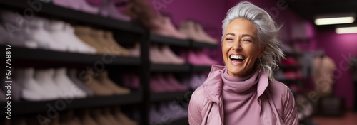 cheerful beautiful woman with gray hair against the background of shelves with shoes in the store. concept of sale of discounts and holidays. 