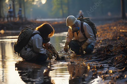 Scientists analyzing water samples, polluted river. photo