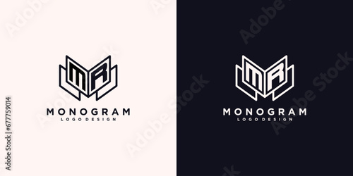 Initials letter MR with book line art education logo symbol vector illustration
