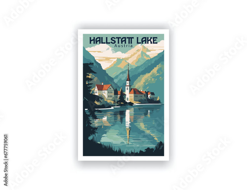 Hallstatt Lake, Austria. Vintage Travel Posters. Vector art. Famous Tourist Destinations Posters Art Prints Wall Art and Print Set Abstract Travel for Hikers Campers Living Room Decor