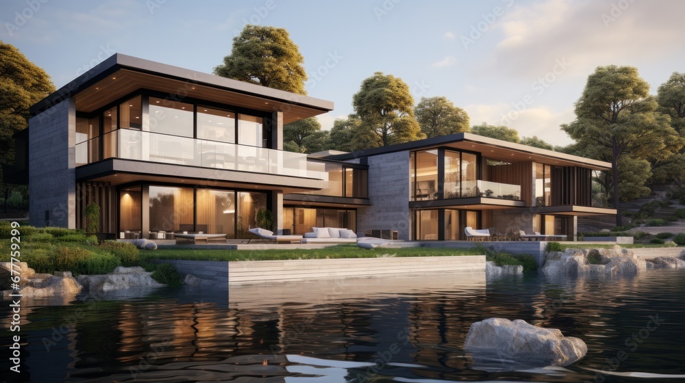 3d rendering of modern house by the river at morning, house, luxury, villa, modern, architecture, building, exterior, residential, property, designer