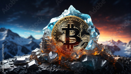 A frozen Bitcoin on a mountain top.