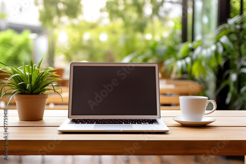 Wooden table with laptop white screen and a cup of coffee, complemented by a vibrant potted plant blurred background. High quality photo