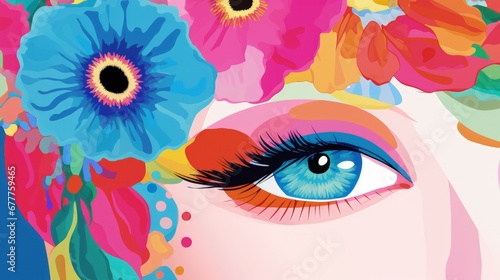 A painted portrait of a girl in a psychedelic avant-garde style .carbincore.Trippy Design A girl with flowers on her head. spring. bright pink color