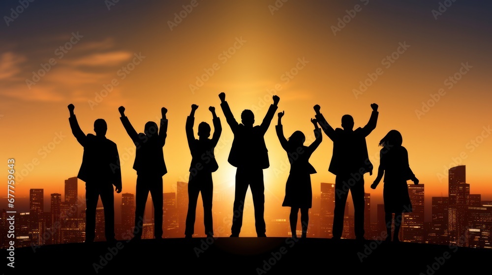 Silhouette of business team stand and feel happy on the most hight at stand on sunset, success, leader, teamwork, target, Aim, confident, achievement, goal, on plan, finish, generate by AI Silhouette of business team stand and feel happy on the most hight at stand on sunset, success, leader, teamwork, target, Aim, confident, achievement, goal, on plan, finish, generate by AI